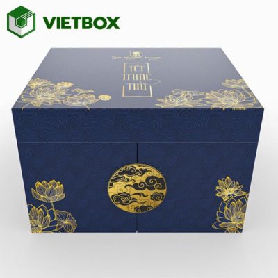 Quy trình in hộp bánh trung thu từ tiếp nhận yêu cầu, thiết kế, duyệt mẫu đến in, bế, gấp, dán và kiểm tra thành phẩm