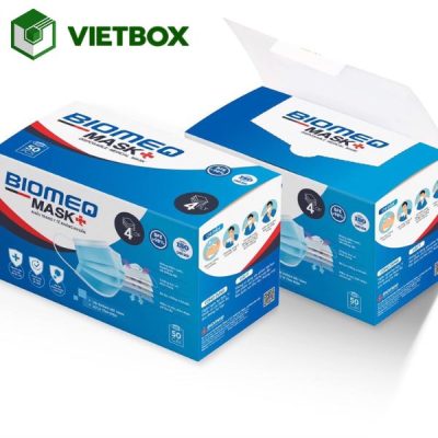 Quy trình in hộp giấy khẩu trang từ tiếp nhận yêu cầu, thiết kế, duyệt mẫu đến in, bế, gấp, dán và kiểm tra thành phẩm