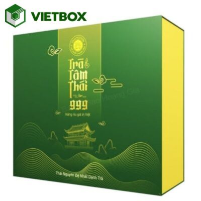 Giá in hộp trà cao cấp ép kim logo phụ thuộc vào kích thước, chất liệu, số lượng, diện tích ép kim và yêu cầu gia công
