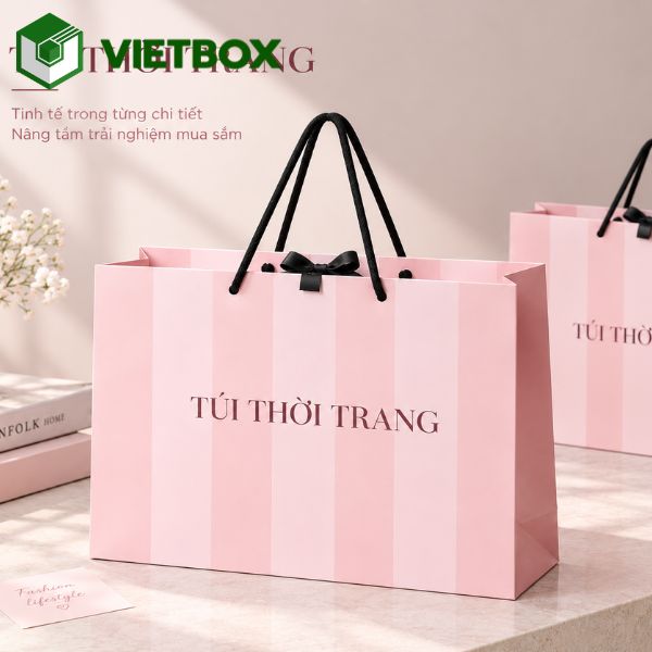 in-tui-giay-thoi-trang-cho-shop-quan-ao-dep-va-an-tuong (4) Giá in túi giấy thời trang phụ thuộc vào kích thước, chất liệu, số lượng, loại quai và yêu cầu gia công