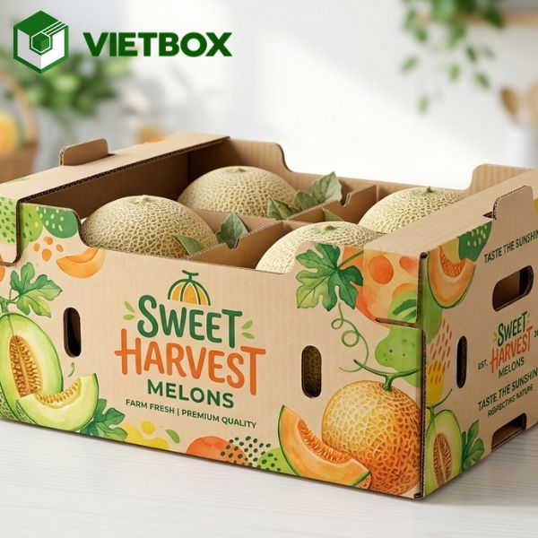 thung-carton-dua-luoi-chac-chan-bao-ve-trai-cay-khi-van-chuyen (2) Kích thước và chất liệu thùng carton dưa lưới phù hợp với từng nhu cầu đóng gói